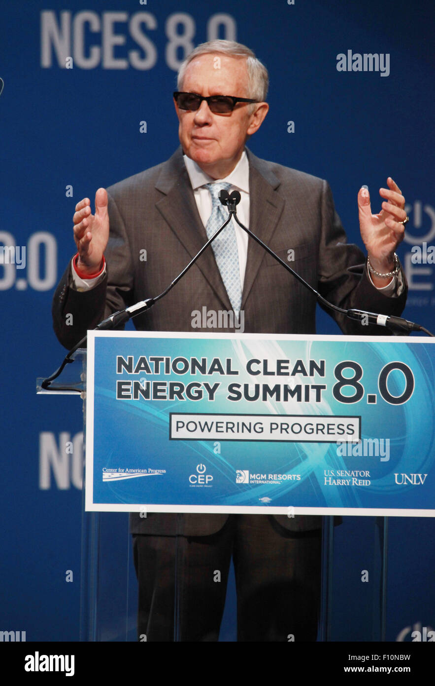 Aug. 24, 2015 - Las Vegas, Nevada, United States of America - Senator Harry Reid (D, NV) makes the opening remarks to start  the 2015 National Clean Energy Summit 8.0 on August 24, 2015  at Mandalay Bay Convention Center in LasVegas, Nevada. (Credit Image: © Marcel Thomas via ZUMA Wire) Stock Photo