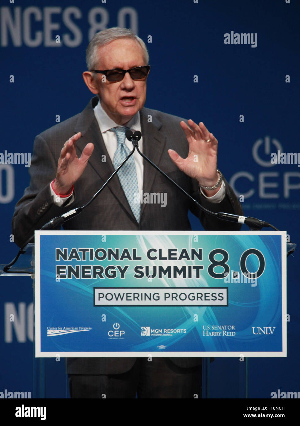 Aug. 24, 2015 - Las Vegas, Nevada, United States of America - Senator Harry Reid (D, NV) makes the opening remarks to start  the 2015 National Clean Energy Summit 8.0 on August 24, 2015  at Mandalay Bay Convention Center in LasVegas, Nevada. (Credit Image: © Marcel Thomas via ZUMA Wire) Stock Photo