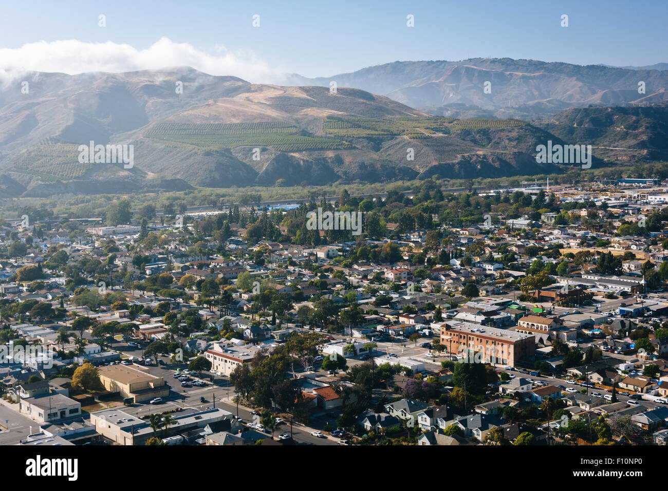 View of Ventura and distant mountains from Grant Park, in Ventura, California. Stock Photo