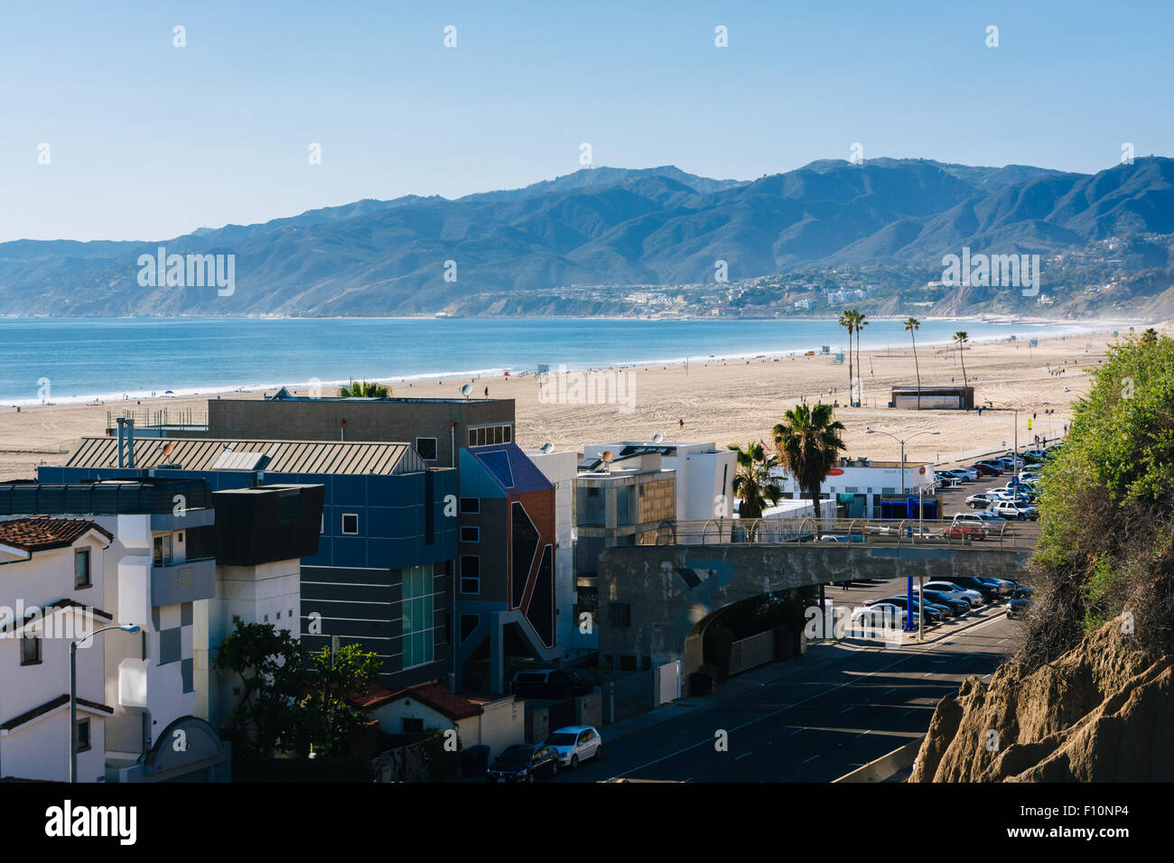 View of Pacific Coast Highway and the Santa Monica Mountains from Palisades Park, in Santa Monica, California. Stock Photo