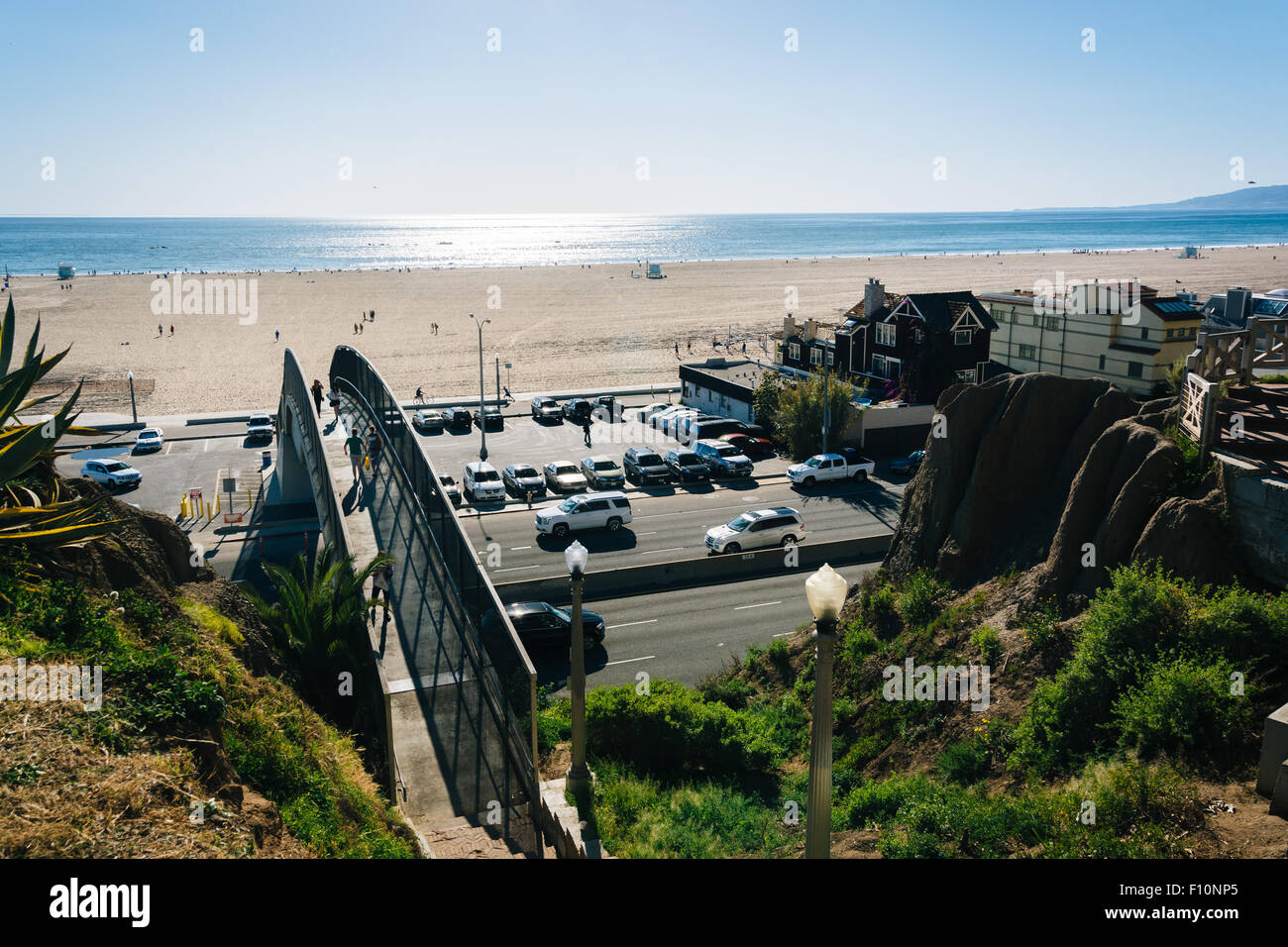 View of Pacific Coast Highway and the Pacific Ocean from Palisades Park, in Santa Monica, California. Stock Photo
