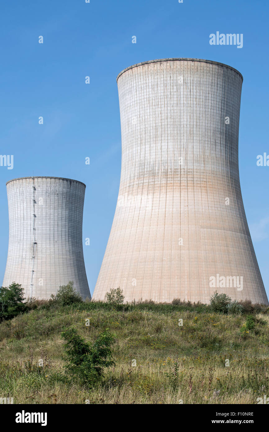 Cooling towers of the Tihange Nuclear Power Station at Huy / Hoei, Liège / Luik, Belgium Stock Photo