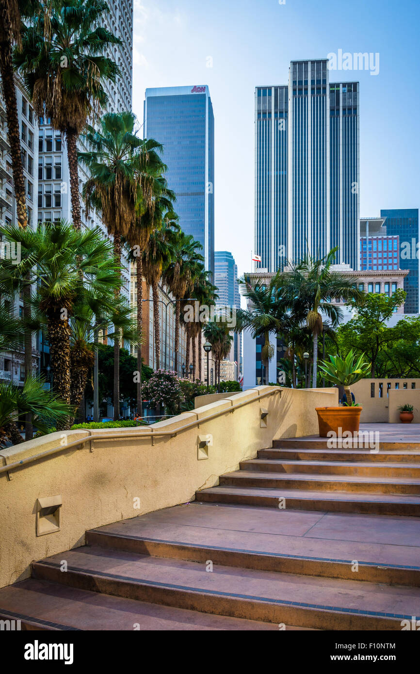 Stairs to Pershing Square Park and skyscrapers in downtown Los Angeles, California. Stock Photo