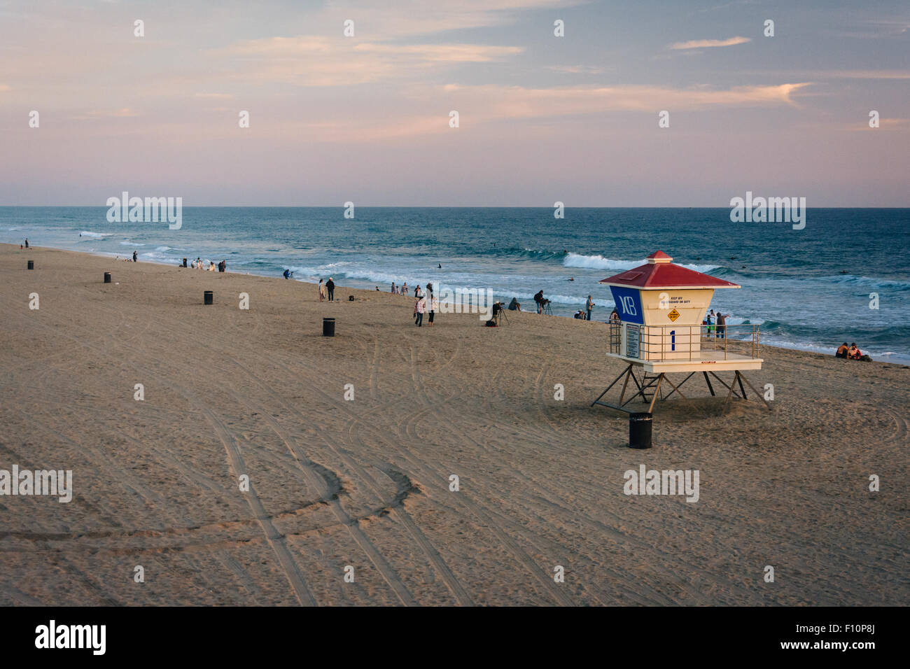 Lifeguard stand on the beach at sunset, in Huntington Beach, California. Stock Photo