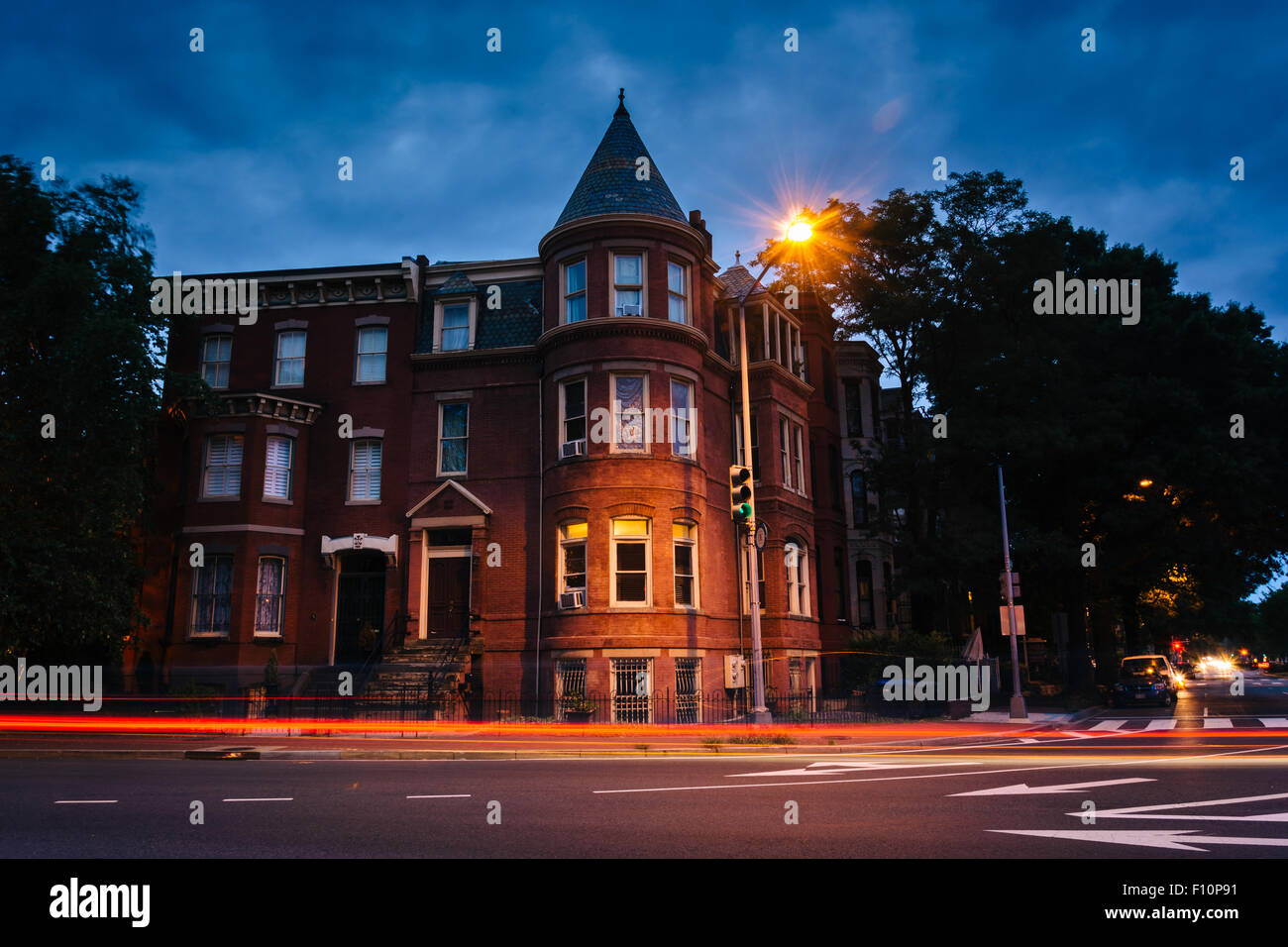 Historic row house at Logan Circle at night, in Washington, DC Stock