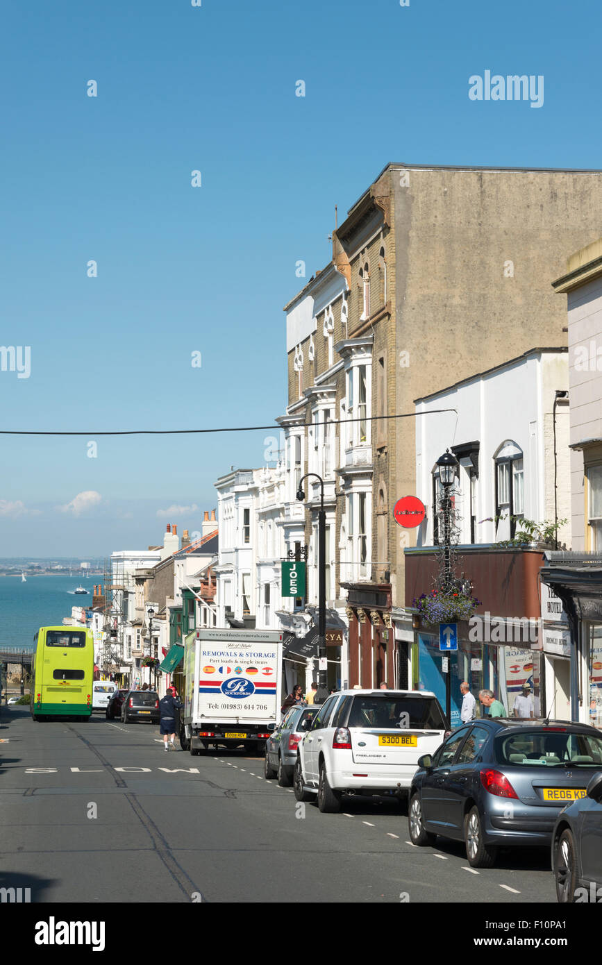 Shops in Union Street, Ryde, Isle of Wight UK in summer, with cars
