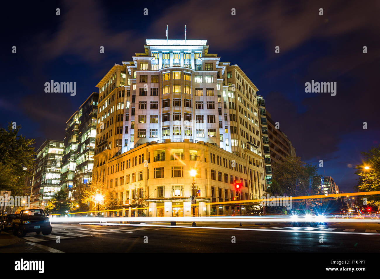 Buildings at H Street and Connecticut Avenue at night, in Washington, DC. Stock Photo