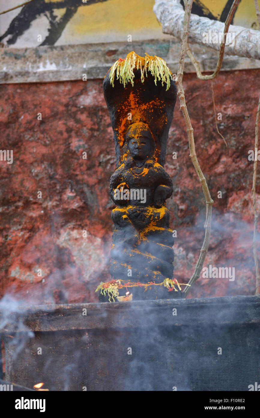 Hindu snake god Nagaraja statue kept on a high platform being worshipped Stock Photo