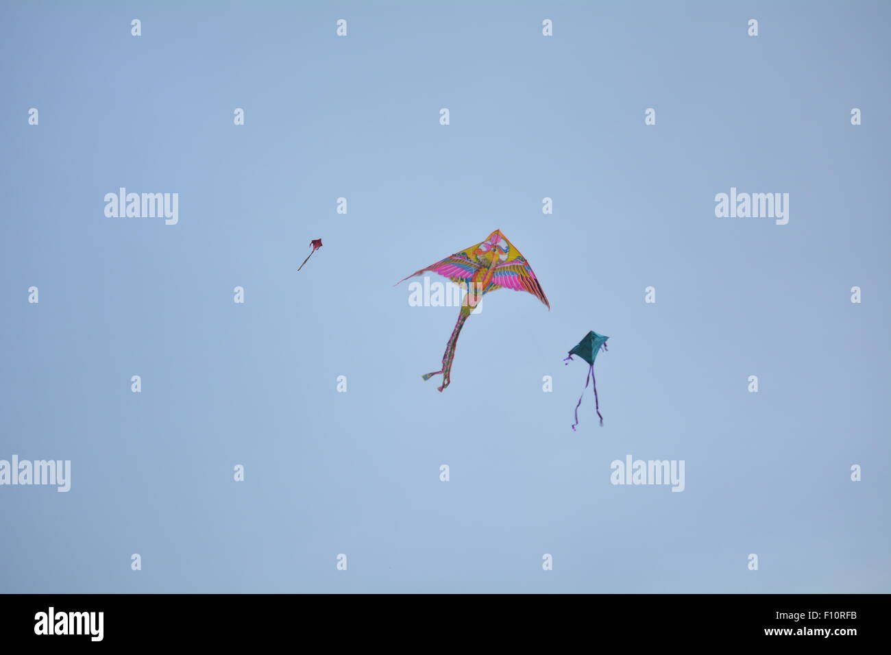 Three Kites flying through the blue sky Stock Photo Alamy