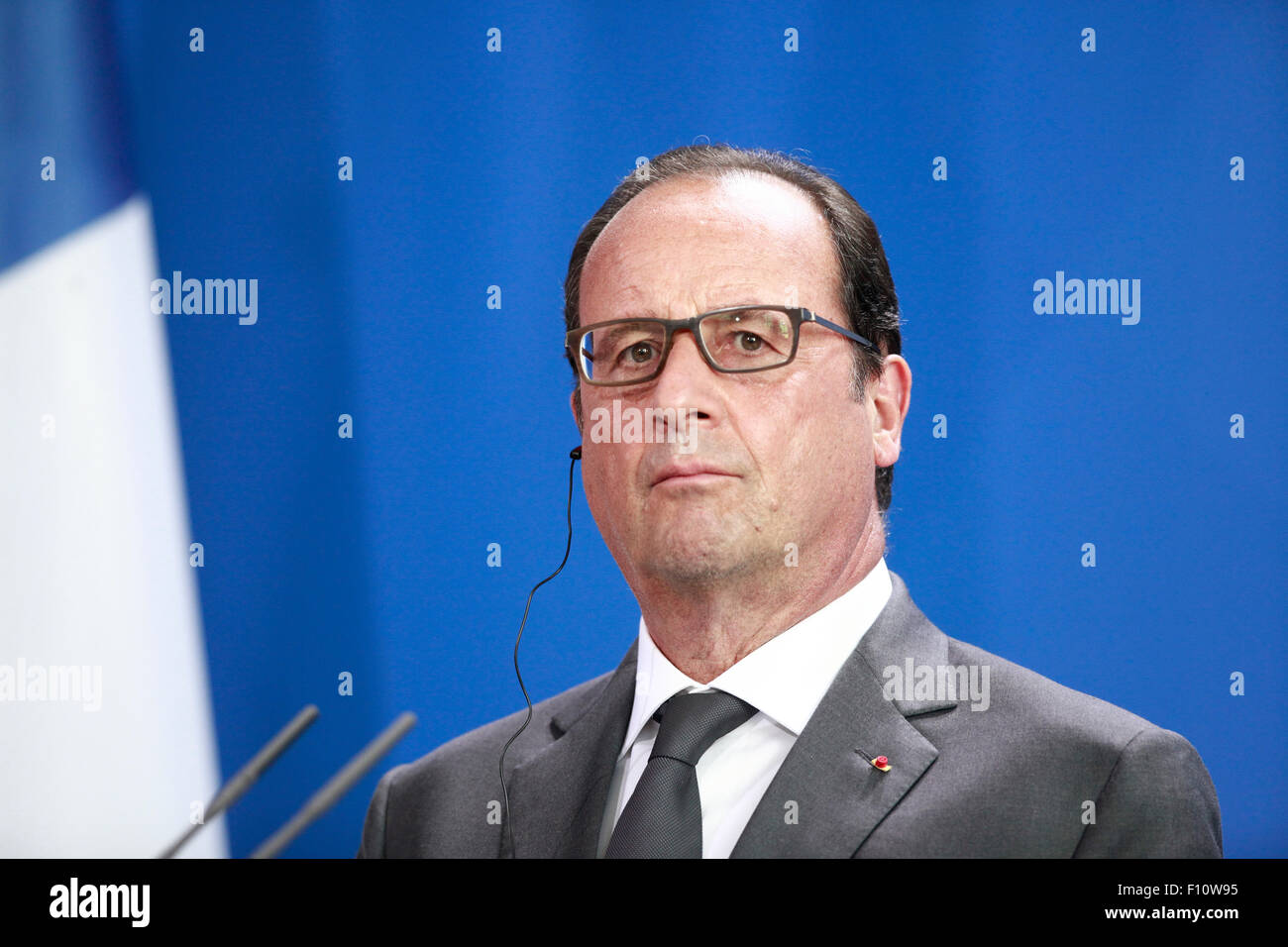 Berlin, Germany. 24th Aug, 2015. German Chancellor Angela Merkel, French president François Hollande and Ukrainian president Petro Poroschenko give a joint press conference after meeting at the German Chancellery in Berlin Germany on 24 August 2015. / Picture: François Hollande, French president Credit:  Reynaldo Chaib Paganelli/Alamy Live News Stock Photo