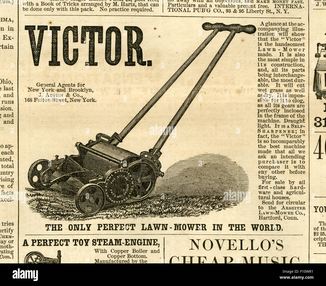 Antique 1872 engraving from Harper's Weekly, advertisement for The Victor lawn mowers by The Arbeiter Lawn Mower Company of Hartford, CT. Stock Photo