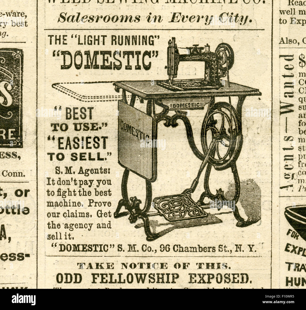 Antique 1872 engraving from Harper's Weekly, advertisement for The Light Running Domestic Sewing Machines. Stock Photo