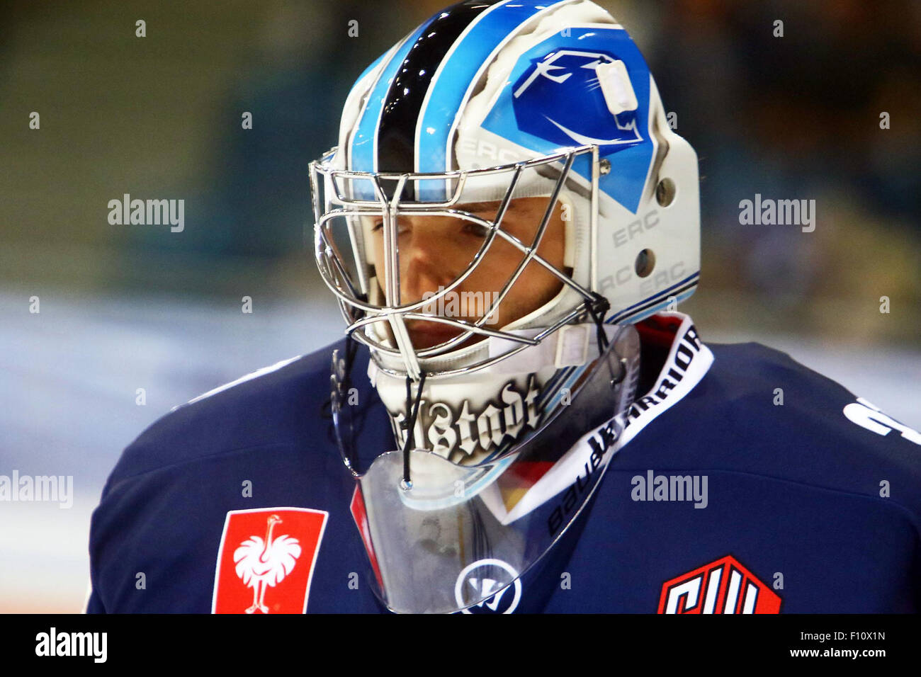 Ingolstadt, Bavaria, Germany. 22nd Aug, 2015. from left Marco EISENHUT (Ingolstadt), .Hockey Champions League, match day 2.ERC Ingolstadt vs Braehead Cland Glasgow, .Ingolstadt, Saturn Arena, August 23th, 2015.48 teams of 12 European countries take part in the Hockey Champions League, finally the favorite German teams wins 5:2 over the team of Glasgow. © Wolfgang Fehrmann/Wolfgang Fehrmann/ZUMA Wire/Alamy Live News Stock Photo