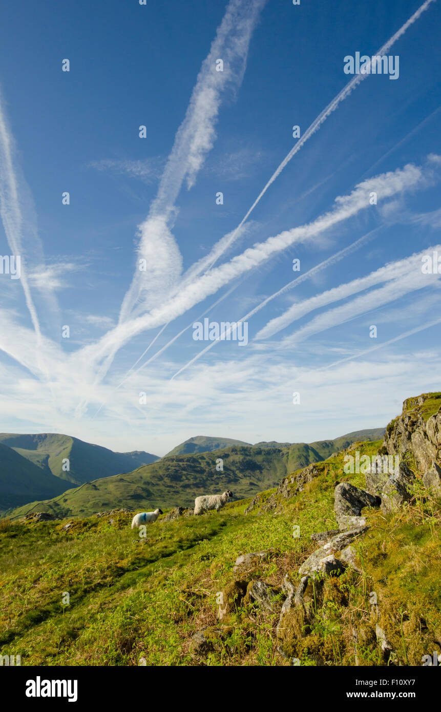 View South from the top of  Arnison Crag, Patterdale, The Lake District, England. Showing vapour or vapor trails, contrails. Stock Photo