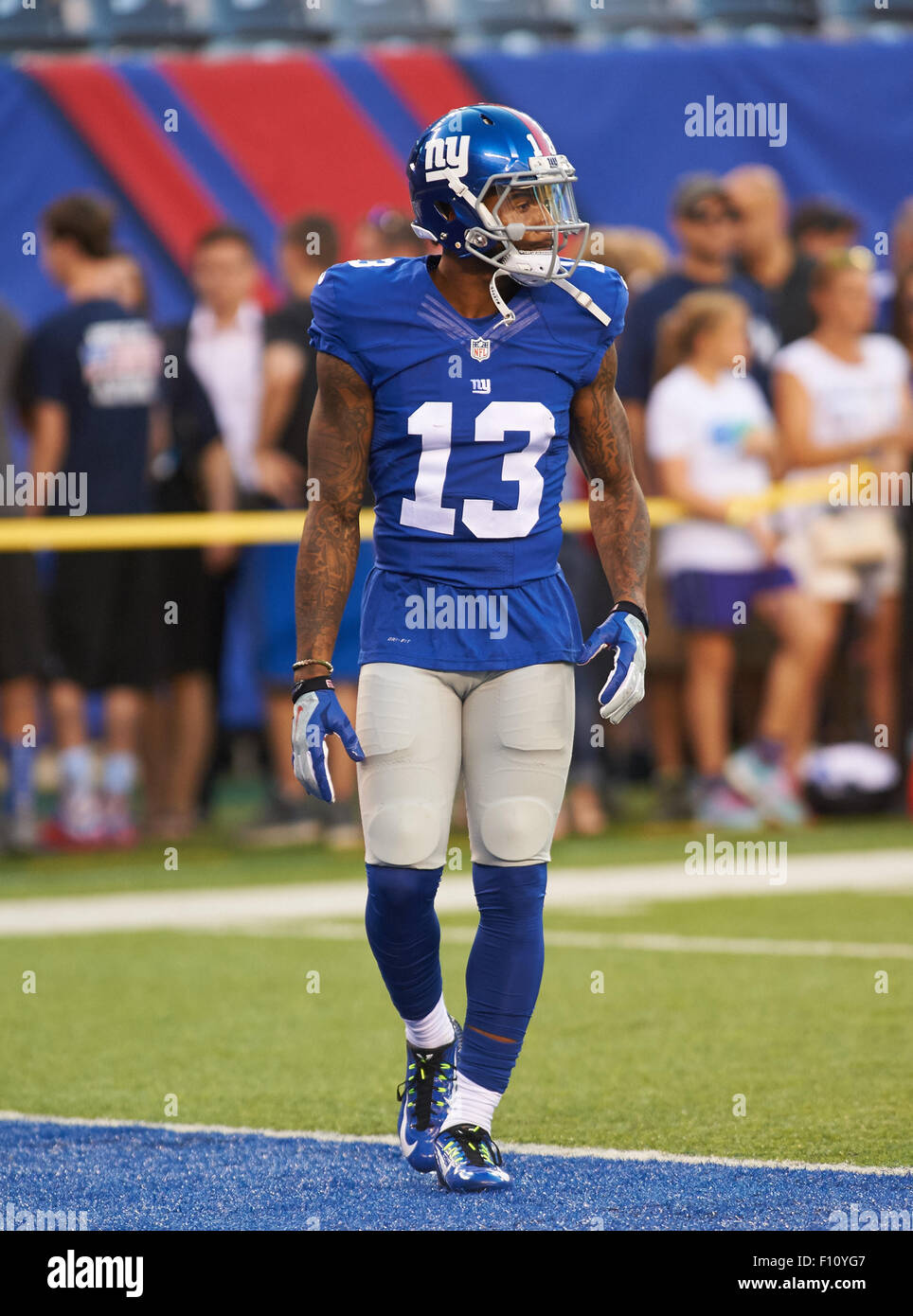 Aug. 24, 2015 - East Rutherford, New Jersey, U.S. - Giants' wide receiver  Odell Beckham, Jr (13) during warmup prior to preseason action between the  Jacksonville Jaguars and the New York Giants