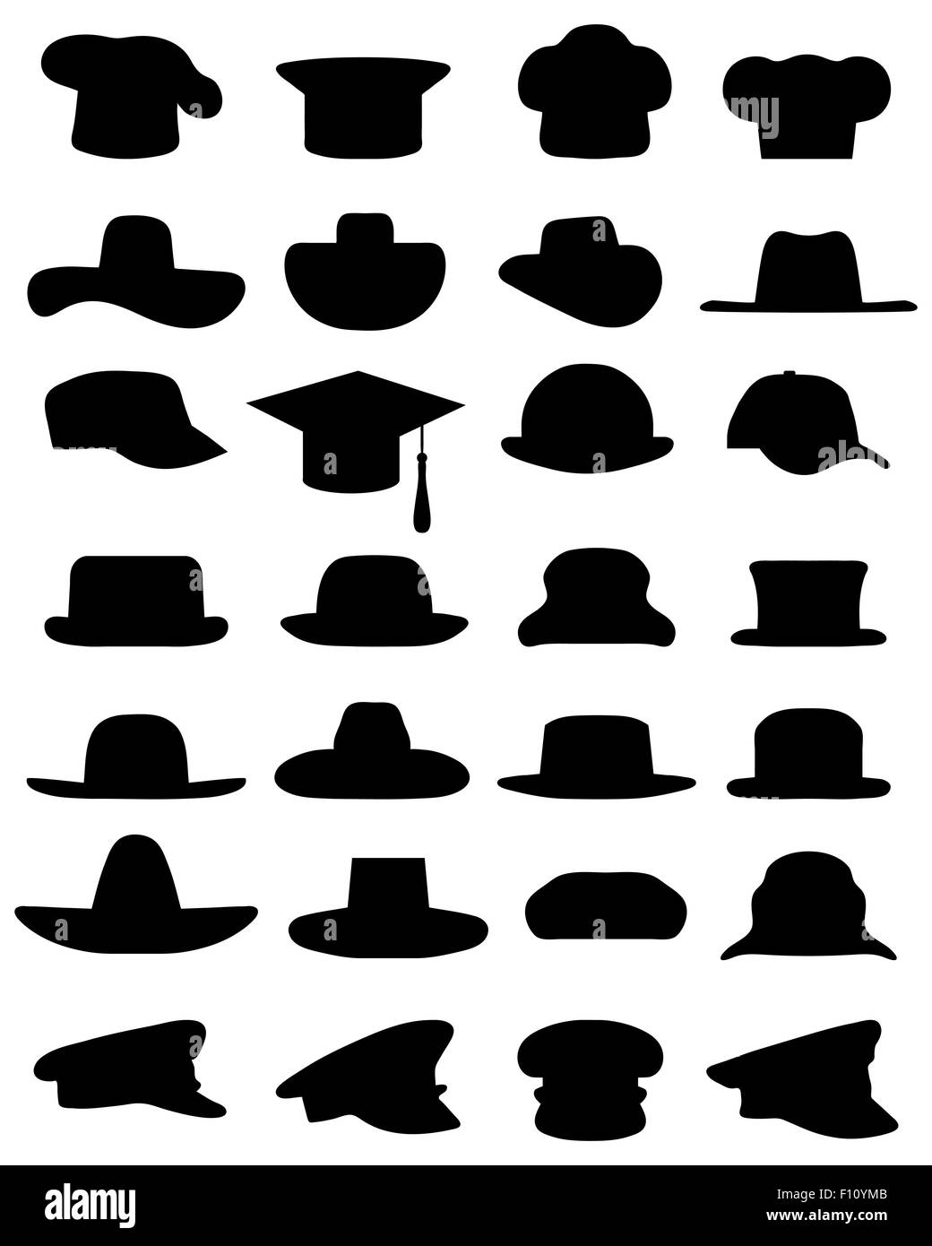 Black silhouettes of various caps and hats, vector Stock Photo