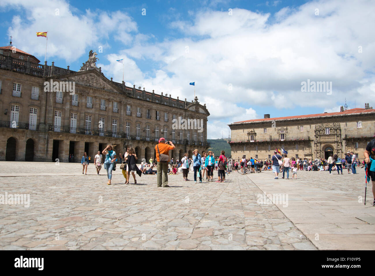 Group of tourists in the Obradoiro Square Stock Photo