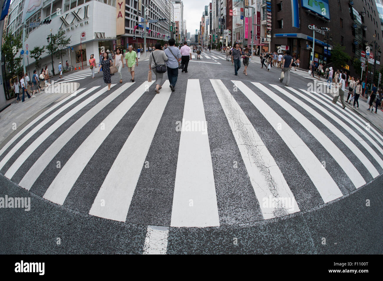 Pedestrian crossing in Ginza, Tokyo, during shutdown Sunday. Stock Photo