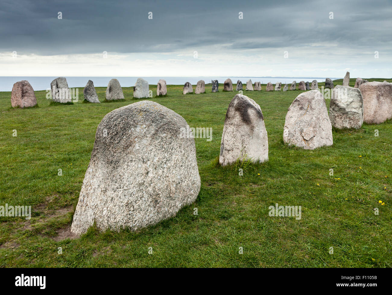 Ales Stenar (Ale's Stones) megalithic circle above the Baltic Sea on the coast near Kaseberga in Skane, southern Sweden Stock Photo