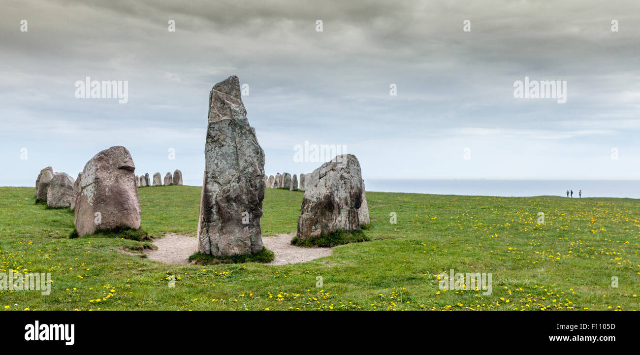 Ales Stenar (Ale's Stones) megalithic circle above the Baltic Sea on the coast near Kaseberga in Skane, southern Sweden Stock Photo