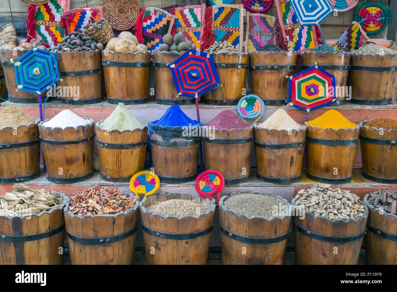 pigments and remedies on a market stand in the Souk of Aswan, Egypt Stock Photo