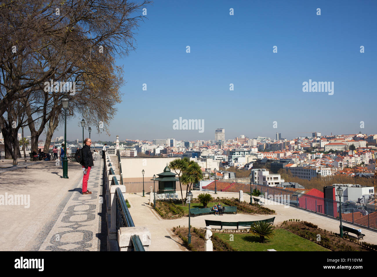 Lisbon cityscape in Portugal from the Garden of San Pedro de Alcantara (Portuguese: Miradouro de Sao Pedro de Alcantara). Stock Photo