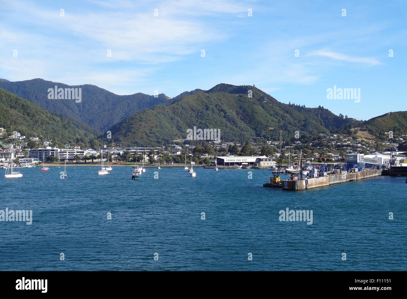 The harbor in Picton, New Zealand on the approach from Marlborough Sounds. Stock Photo