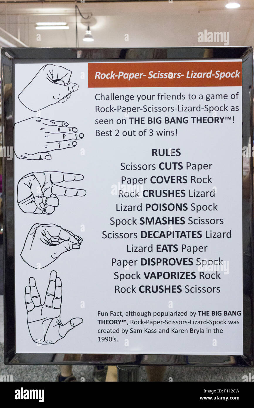 Rock Paper Scissors Lizard Spock sign at a Big Bang Theory Exhibit at the Canadian National Exhibition in Toronto, Ontario Canad Stock Photo