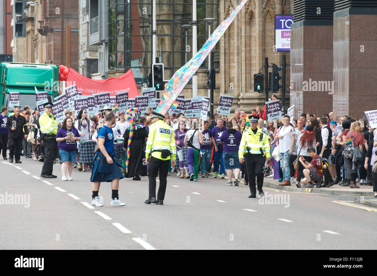 Police marshal the Pride March, Glasgow, 2015. Stock Photo