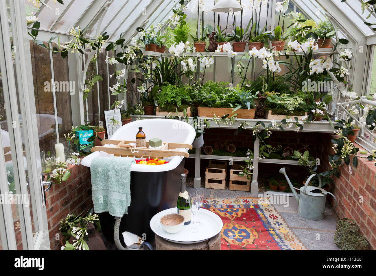 Greenhouse with a bathroom and bath tub at Chelsea Flower Show, London