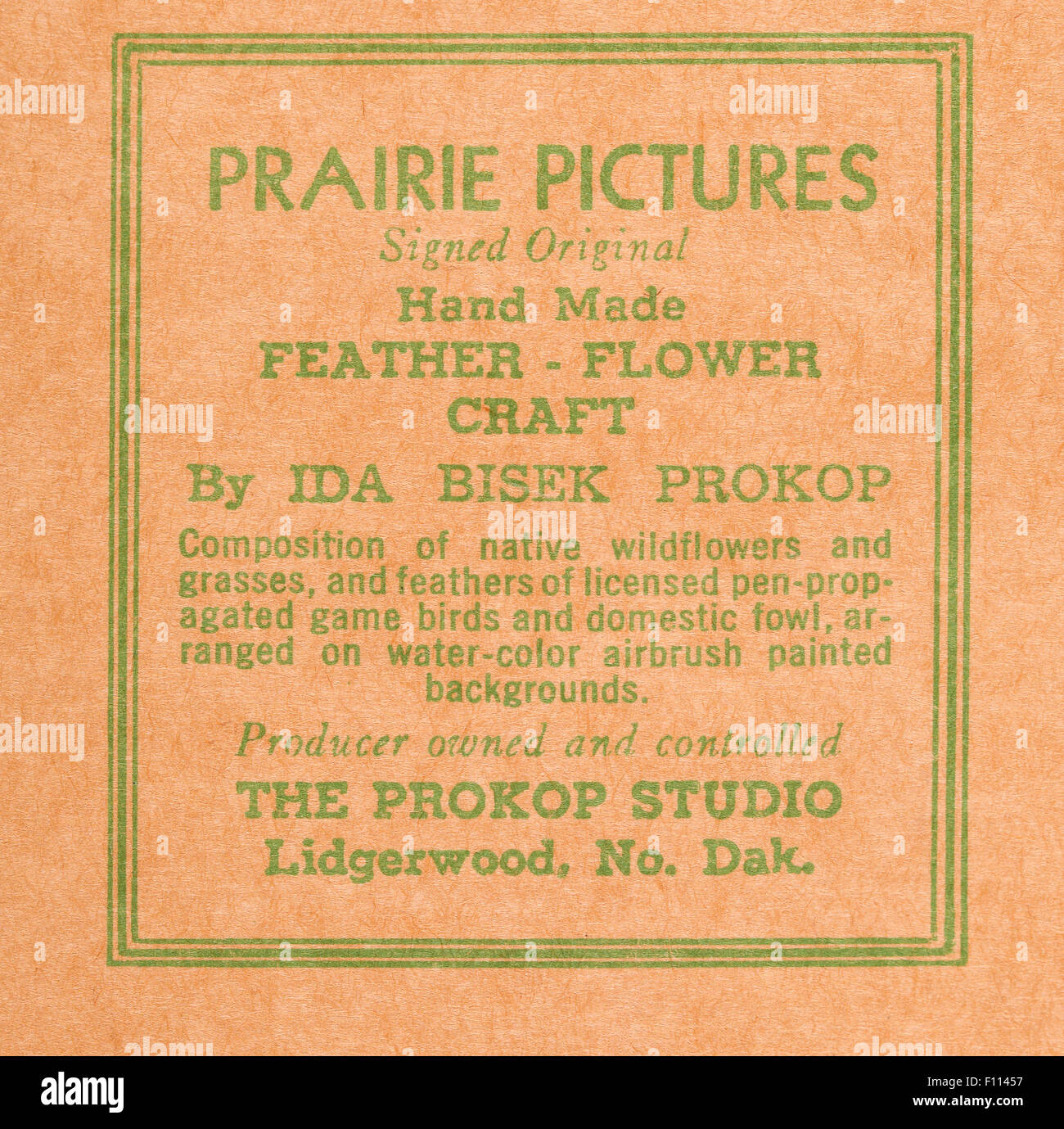 Prairie Pictures stamp on back of a 1940s framed collage by the North Dakota artist Ida Bisek Prokop Lee (1902-1990) Stock Photo