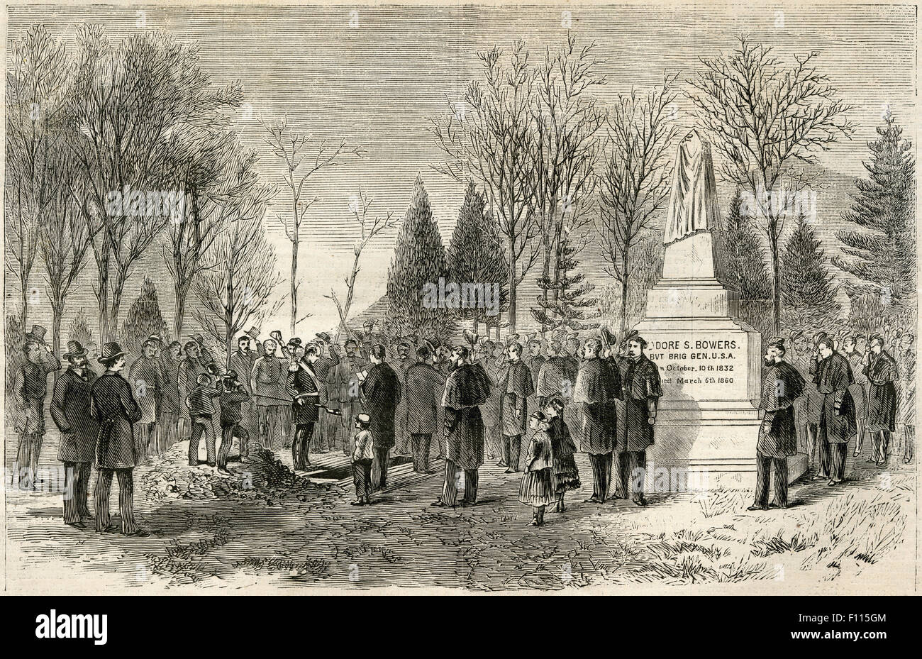 Antique 1872 engraving from Harper's Weekly, The Burial of the Late General Anderson at the West Point Cemetery, USMA. Robert Anderson (1805-1871) was a United States Army officer during the American Civil War. To many, he was a hero who defied the Confederacy and upheld Union honor in the first battle of the American Civil War at Fort Sumter in April 1861. Stock Photo
