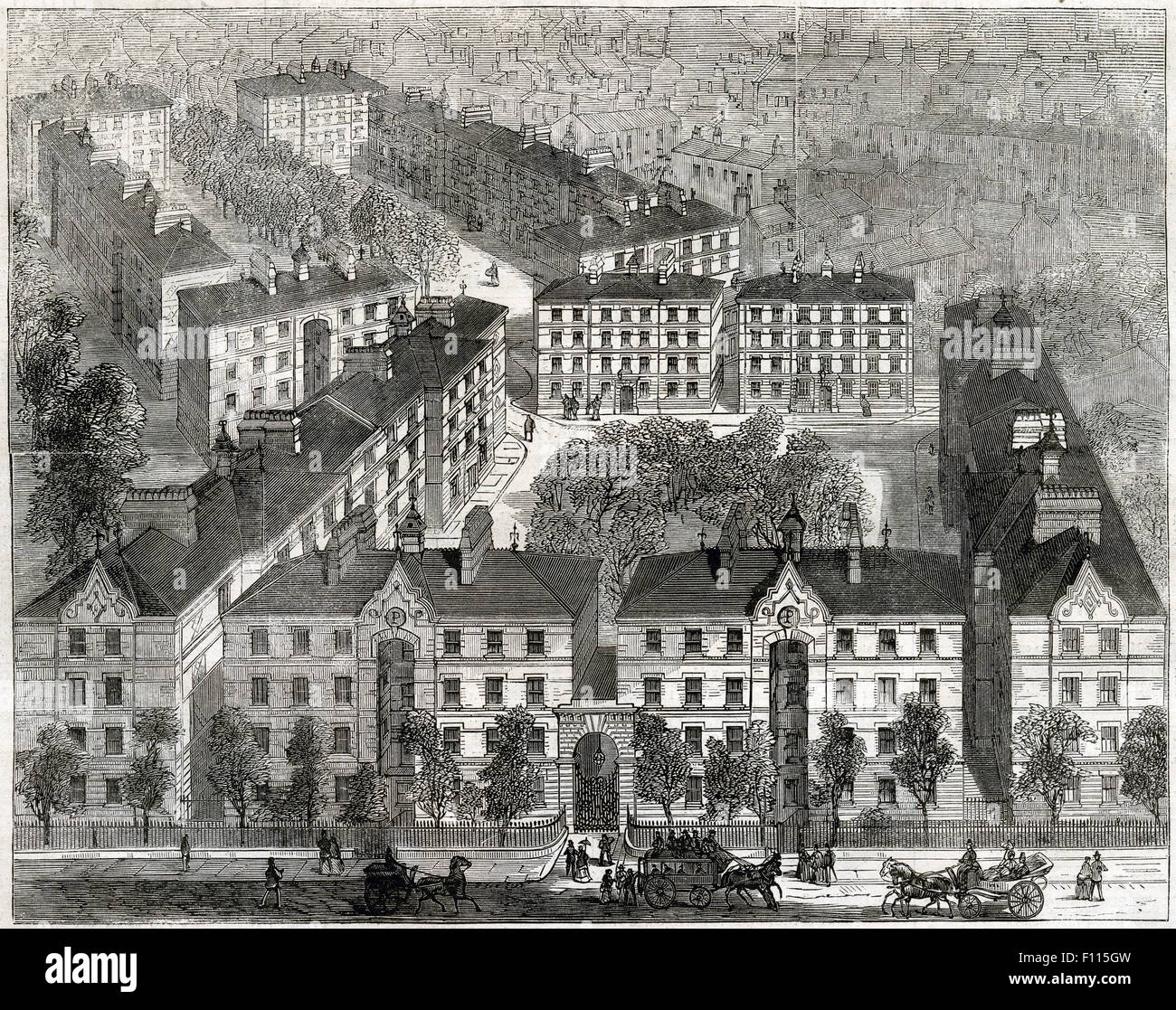 Antique 1872 engraving, Peabody Square on Blackfriars Road, Southwark, is a typical example of an early Peabody estate, and of pre-World War I social housing in London in general. Stock Photo