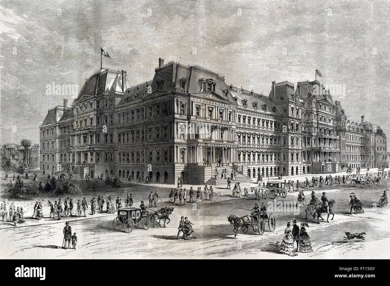 Antique 1872 engraving from Harper's Weekly, the new State, War, and Navy Building in Washington DC, from the architect's drawings. The Eisenhower Executive Office Building (EEOB) — formerly known as the Old Executive Office Building (OEOB) and even earlier as the State, War, and Navy Building — is a U.S. government building situated just west of the White House in the U.S. capital of Washington, D.C. Stock Photo