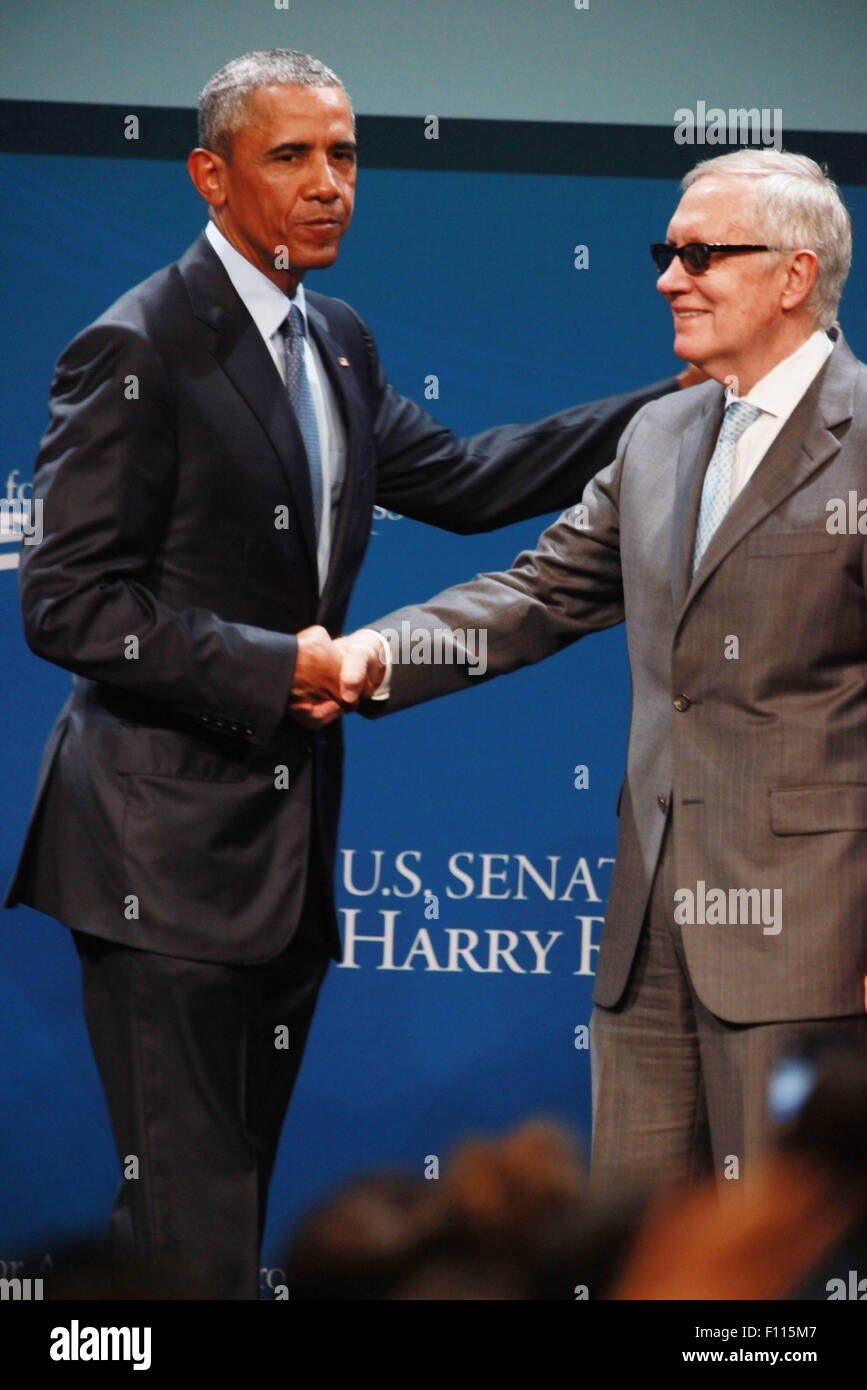 Las Vegas, Nevada, USA. 24th Aug, 2015. President Barack Obama is joined on stage by Senator Harry Reid after delivering the keynote address at the 2015 Clean Energy Summit 8.0 on August 24, 2015 at Mandalay Bay Convention Center in Las Vegas, Nevada. Credit:  Marcel Thomas/ZUMA Wire/Alamy Live News Stock Photo