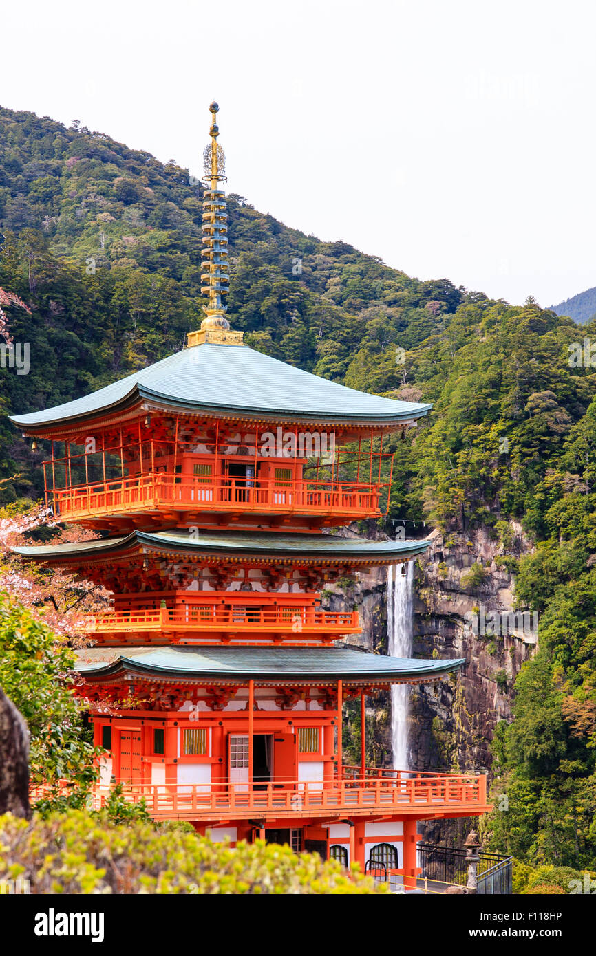 Japan, Nachikatsuura. Landscape shot. Shinto vermillion pagoda, of