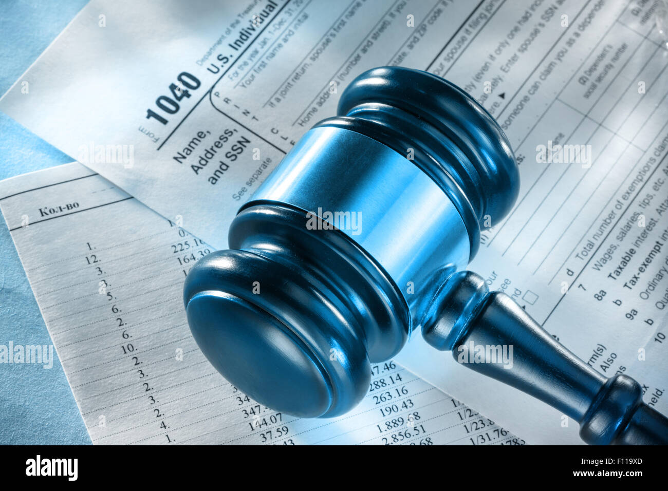 Annual budget, tax form and judge's gavel Stock Photo