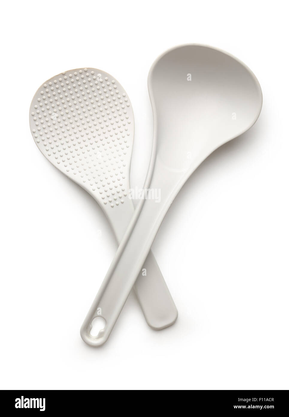 White spatula and ladle isolated on the white background Stock Photo