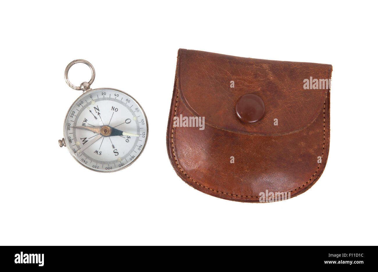 Old compass with etui, isolated on white Stock Photo