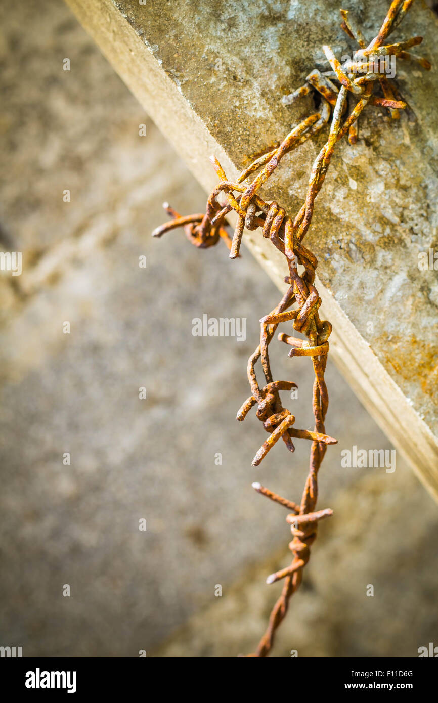 Rusty barbed wire on a pole facing the tilt Stock Photo - Alamy