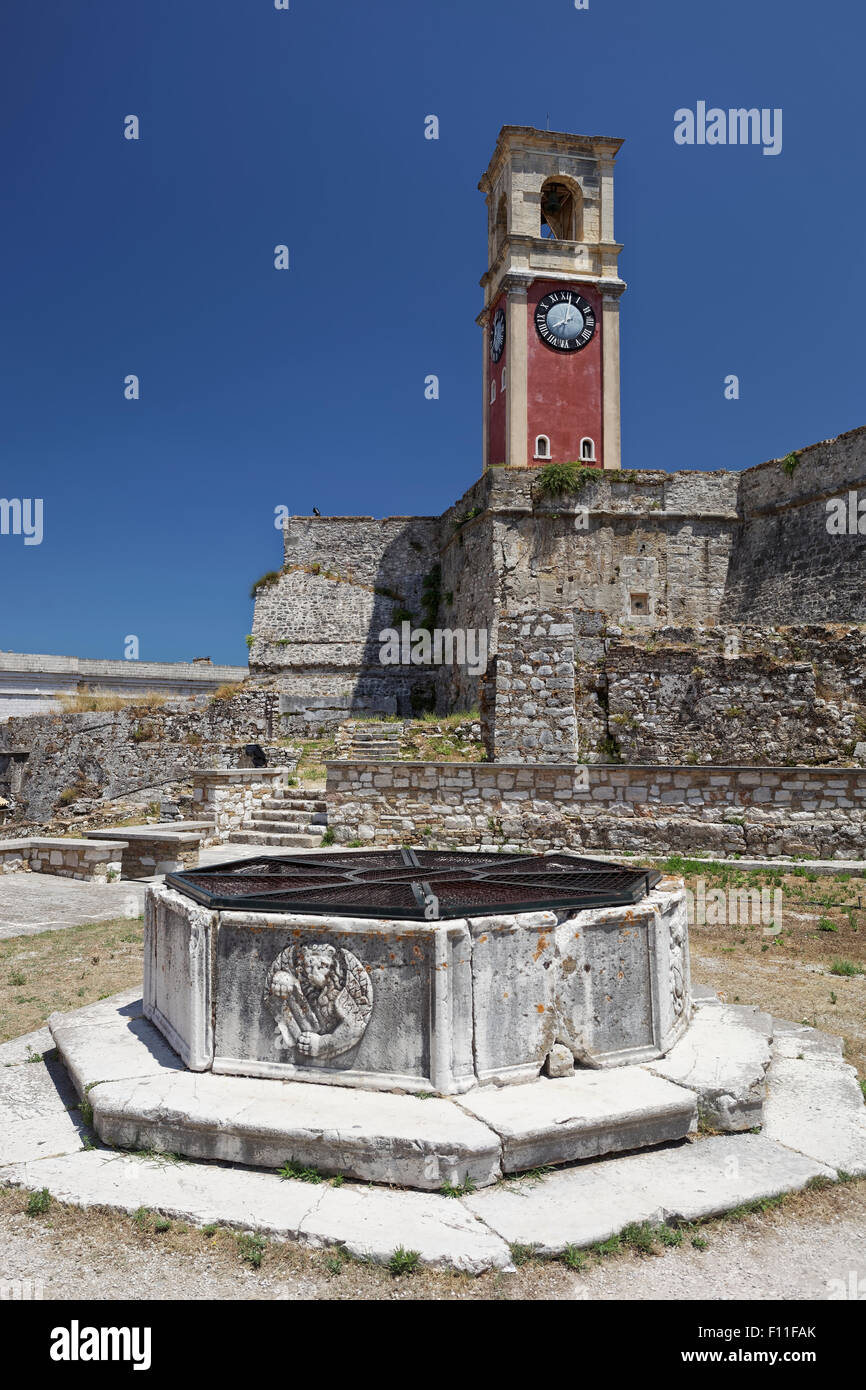 Fountain and tower of the old fortress or Palaió Froúrio, historic centre, Corfu, Kerkyra, Unesco World Heritage Site Stock Photo
