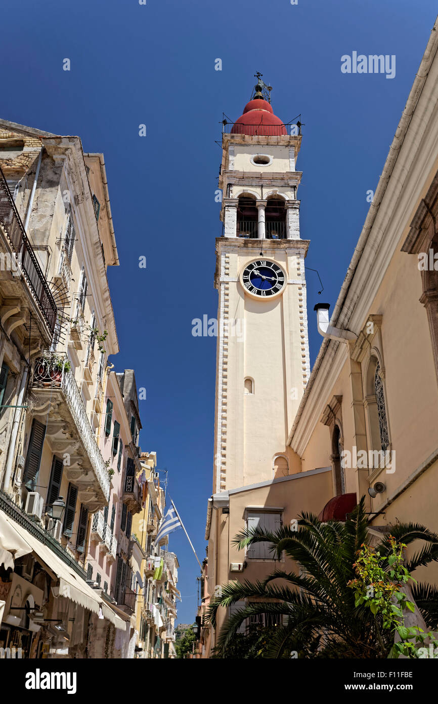 Narrow alley with a bell tower of the St. Spiridon Church, historic centre, Corfu, Kerkyra, Unesco World Heritage Site Stock Photo