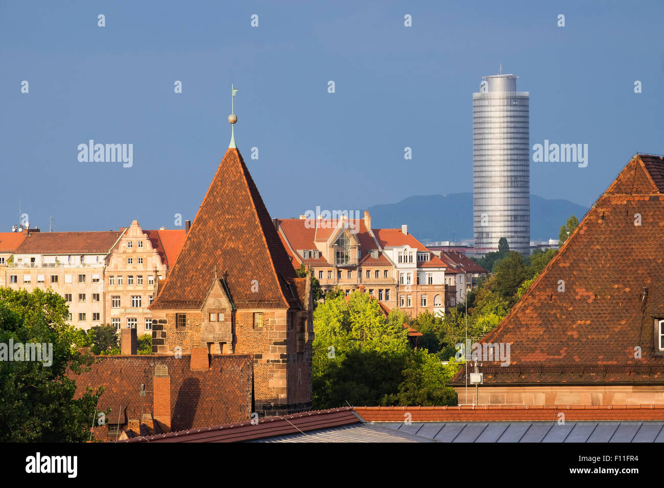 Männerschuldturm Tower, Business Tower behind, historic centre of Sebald, Nuremberg, Middle Franconia, Franconia, Bavaria Stock Photo