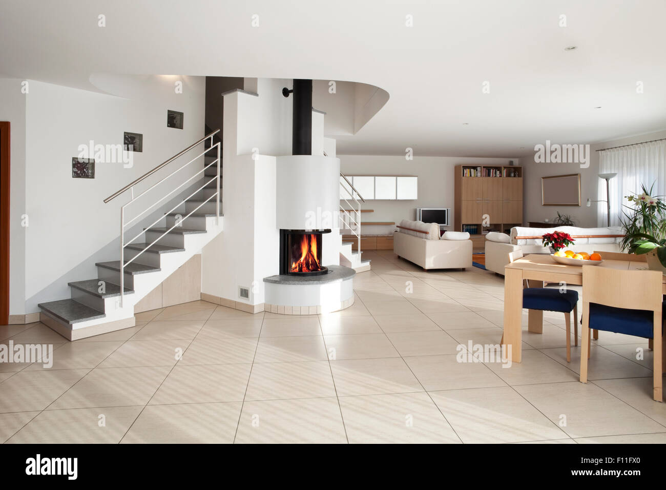 Wide Interior Apartment Livingroom With Double Stairs Stock