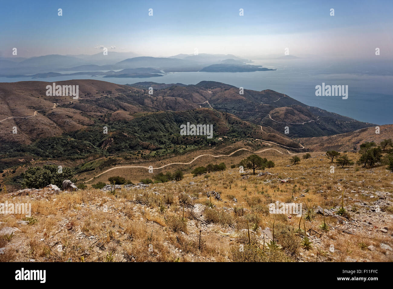 View of the island from the Mount Pantokrator, as far as Albania, Ionian Islands, Greece Stock Photo