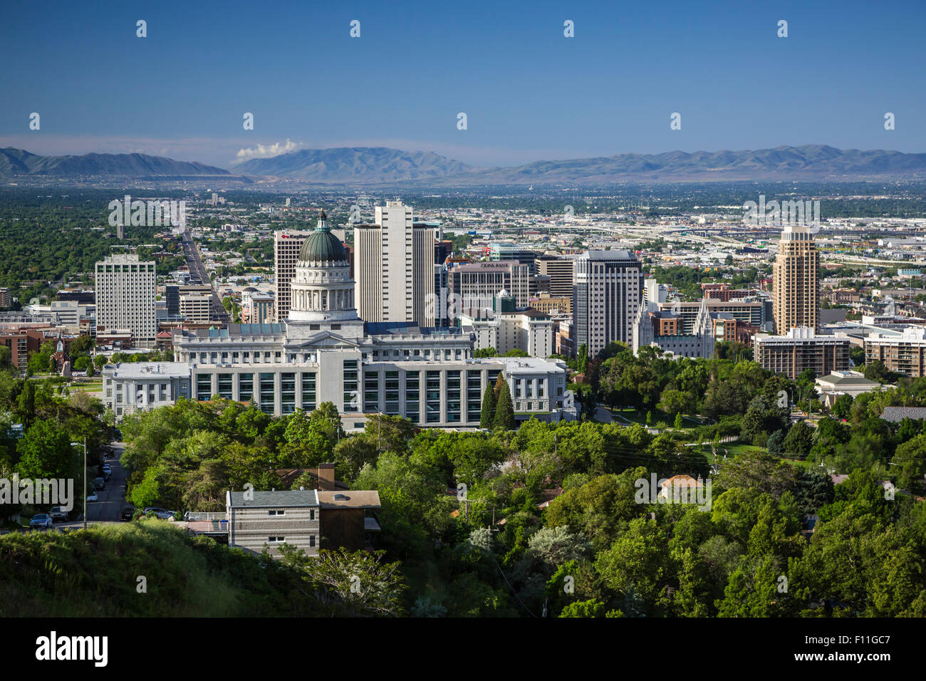 The city skyline and mountains of the Wasatch Range at salt Lake City