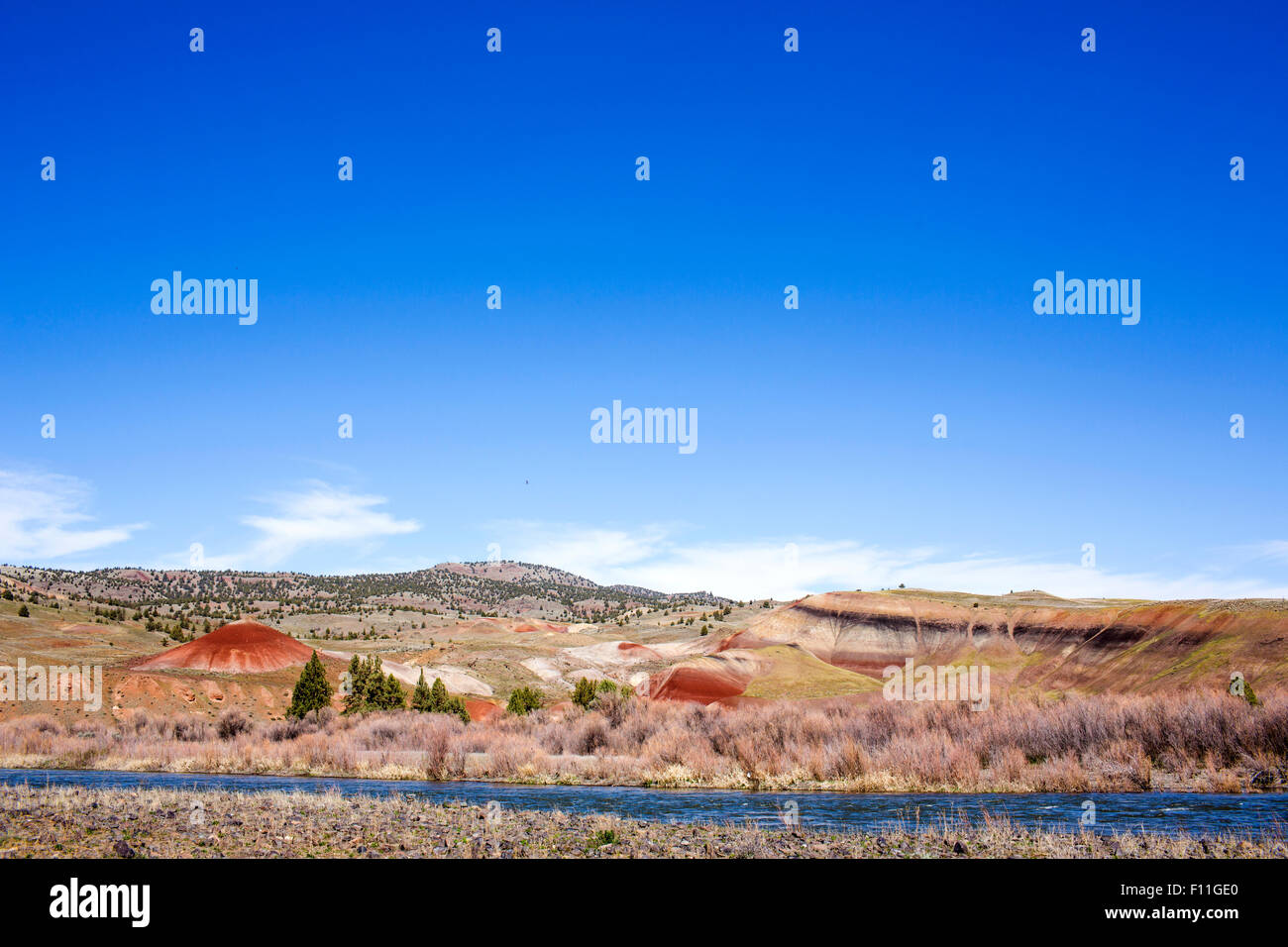 Creek near hills in desert landscape under blue sky, Painted Hills, Oregon, United States Stock Photo