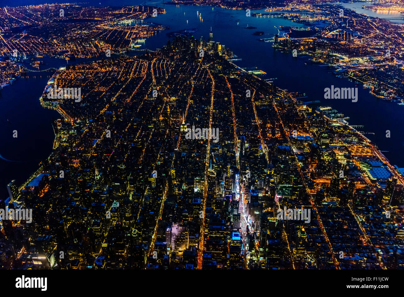 Aerial View Of Manhattan Cityscape And River At Night New York United States Stock Photo Alamy