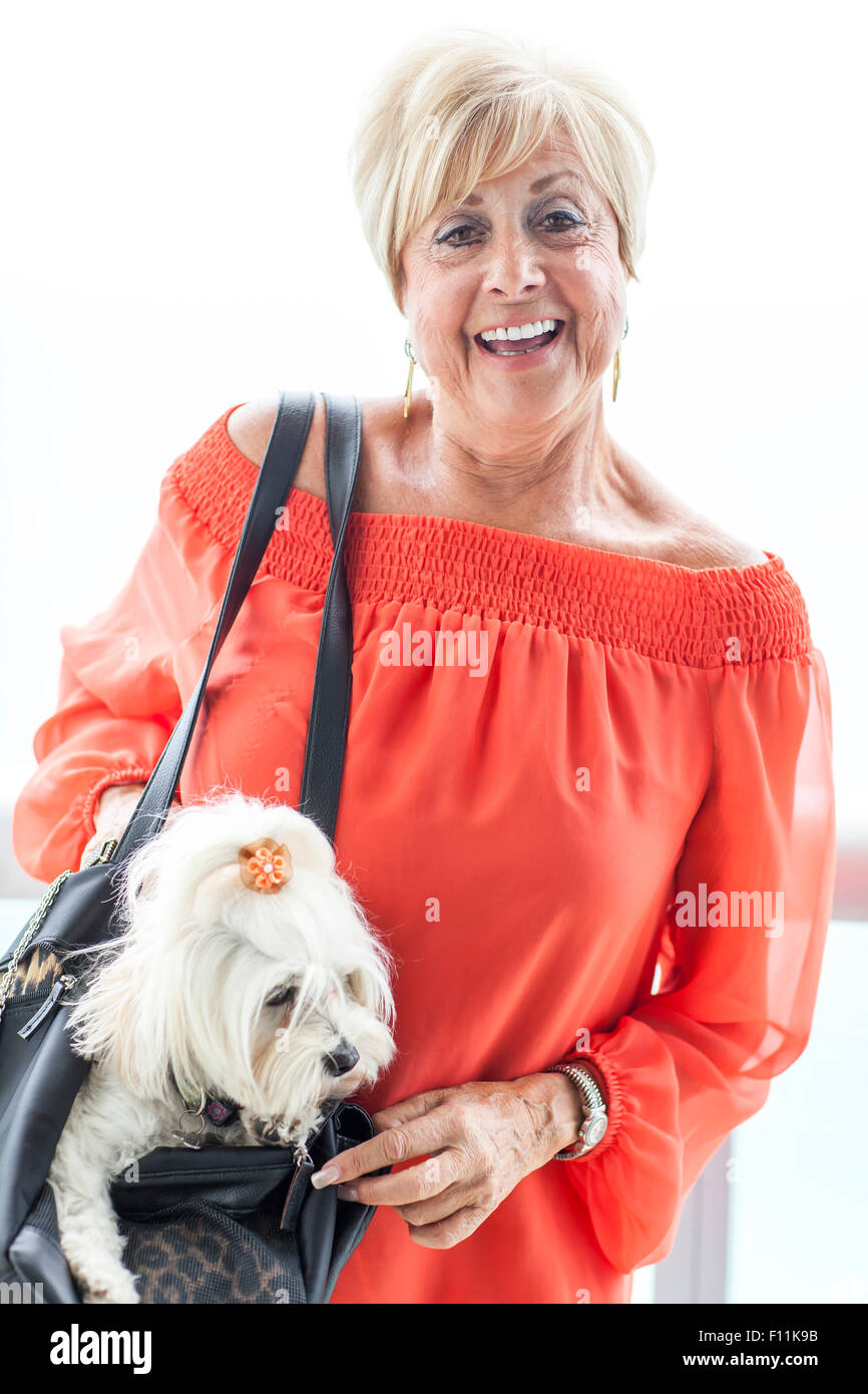 Older Caucasian woman carrying dog in purse Stock Photo