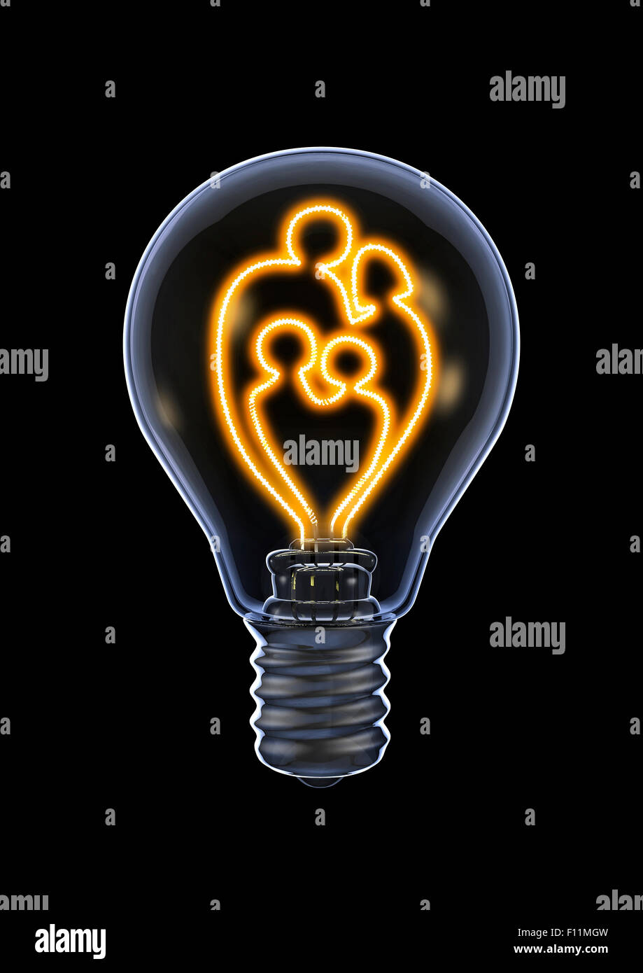 Family bulb, 3D render of glowing light bulb filaments forming family Stock Photo